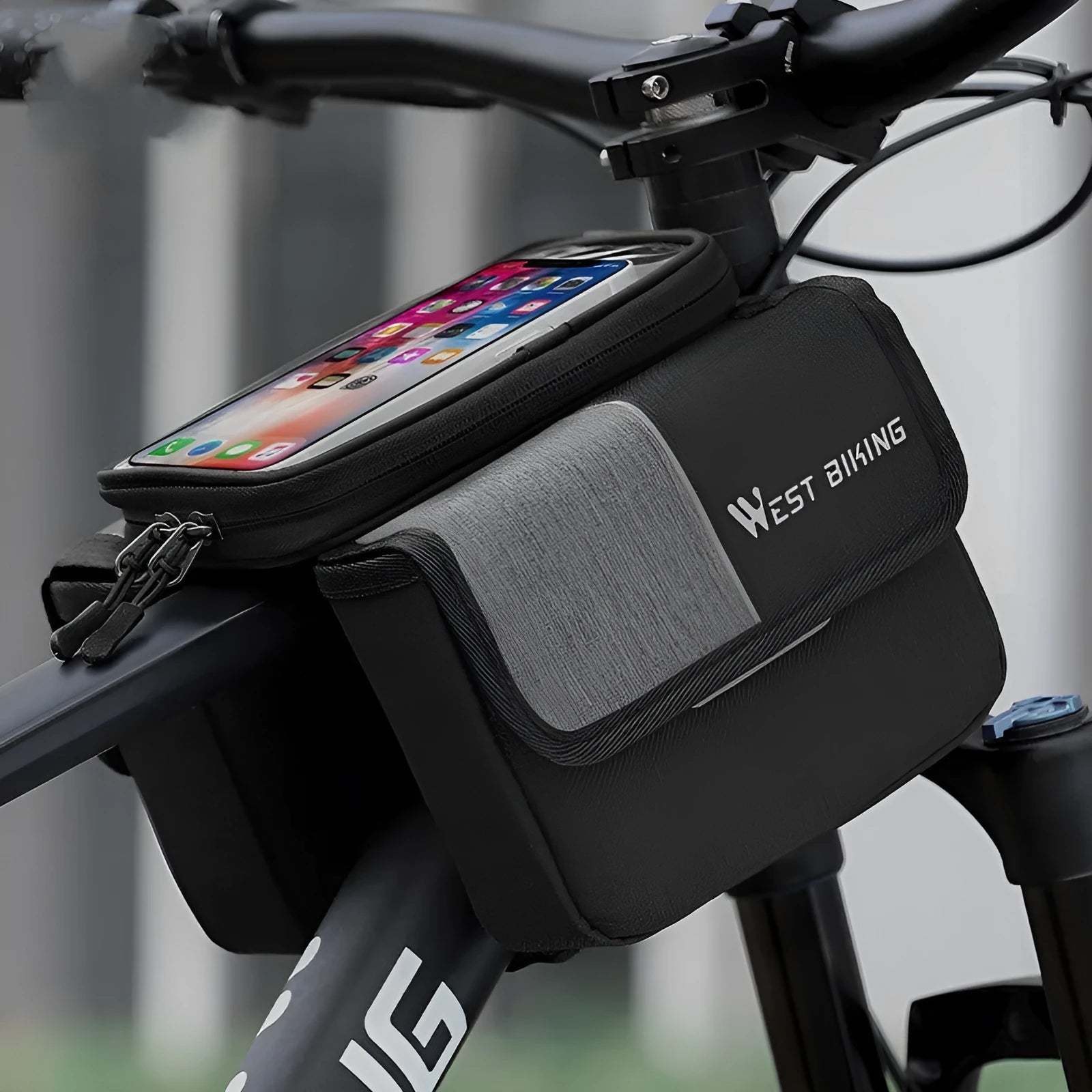 Black and grey bilateral tube saddle bag with touch screen compartment mounted on bicycle
