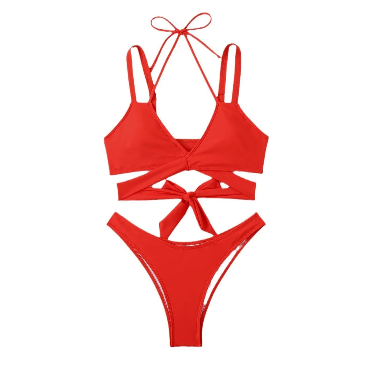 Women's solid colour bikini swimsuit with adjustable straps on a hanger, shown in red.