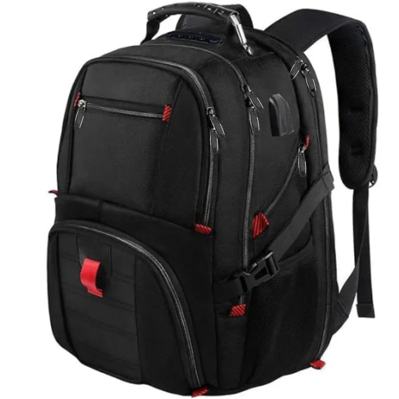 Large capacity waterproof Oxford cloth backpack in black, red, or sky blue with curved shoulder straps