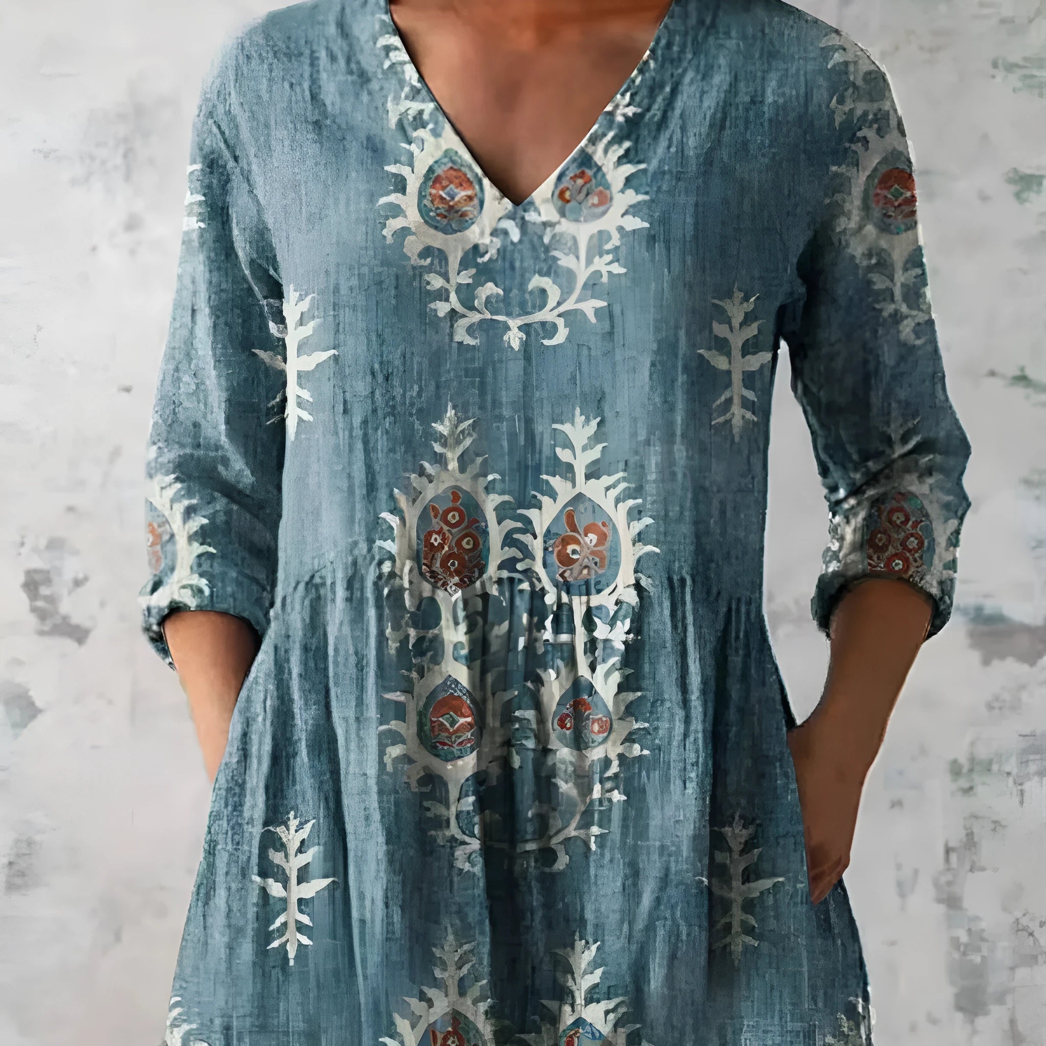 Women's printed wave pattern loose dress with 3/4 sleeves and wide waist