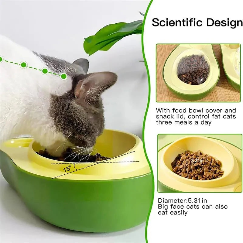 Avocado shaped automatic cat water dispenser and food feeder with slow bowl option