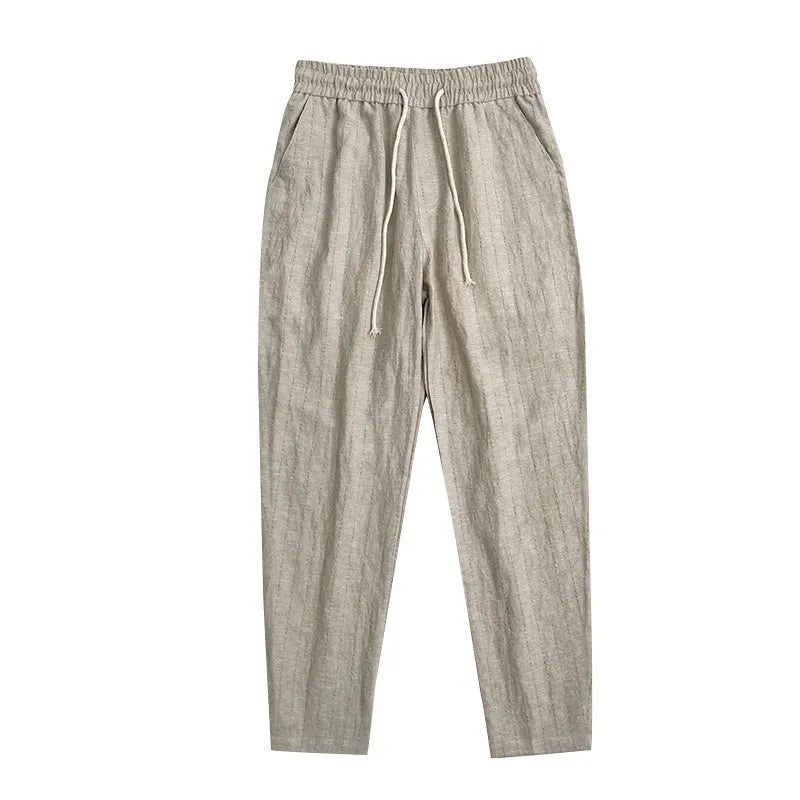 Men's linen summer casual trousers in striped patterns with cropped length and thin cotton linen fabric