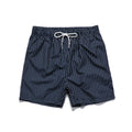 Men's navy blue and grey striped polyester beach shorts with straight leg opening.