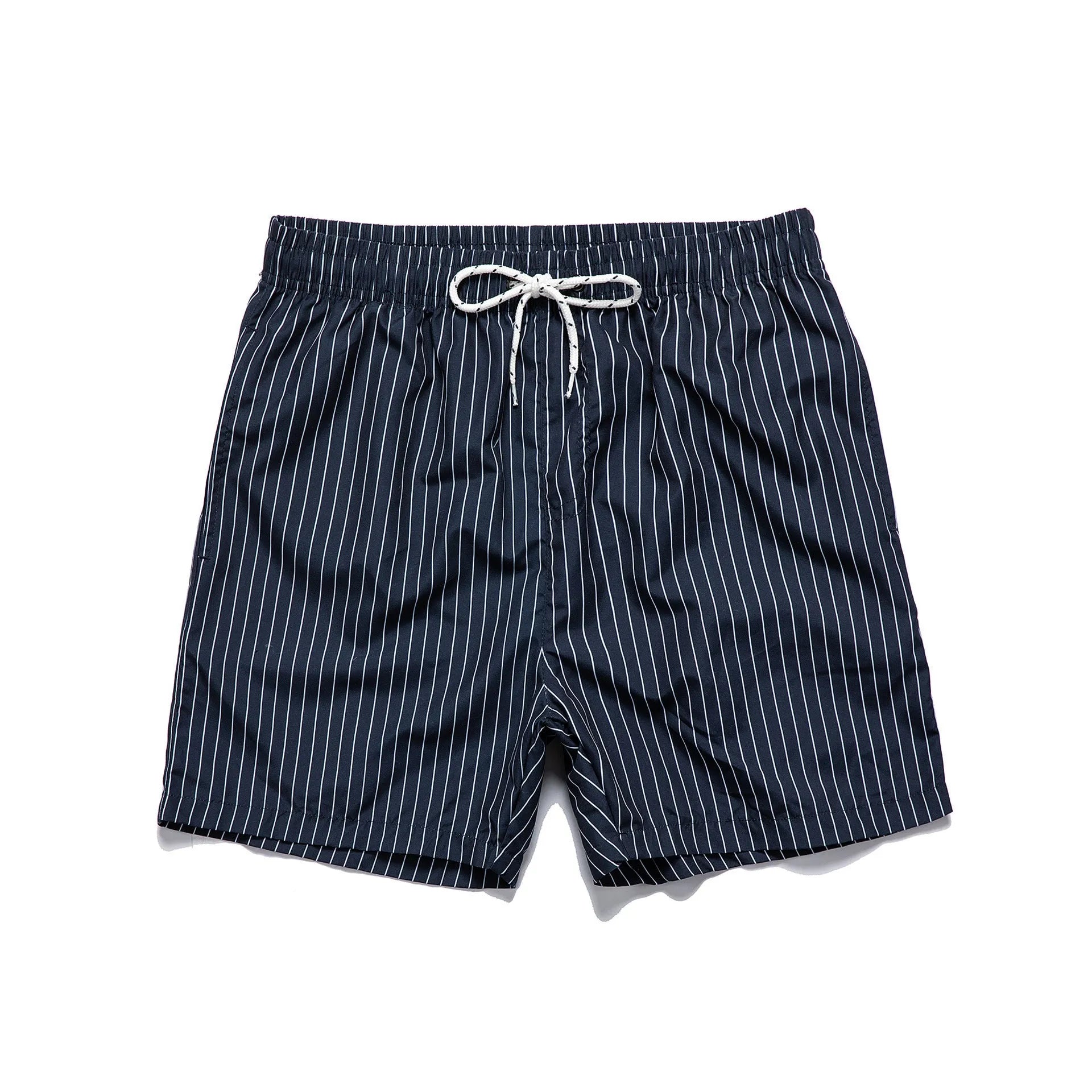 Men's navy blue and grey striped polyester beach shorts with straight leg opening.
