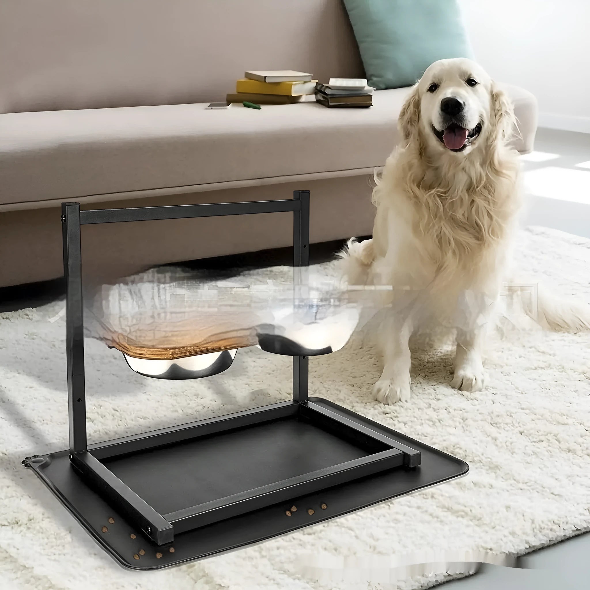 Large black iron elevated dog bowl rack with food and water bowls