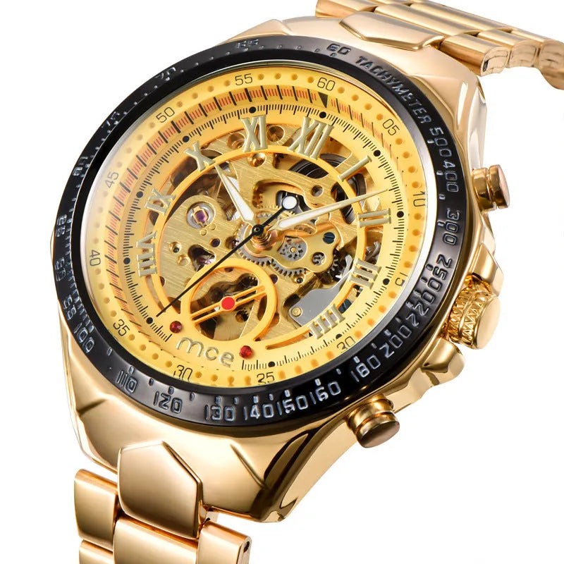 Men's stainless steel automatic mechanical watch with explosion-proof certification on a black strap.