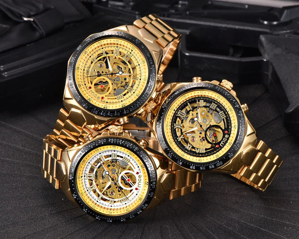 Men's stainless steel automatic mechanical watch with explosion-proof certification on a black strap.