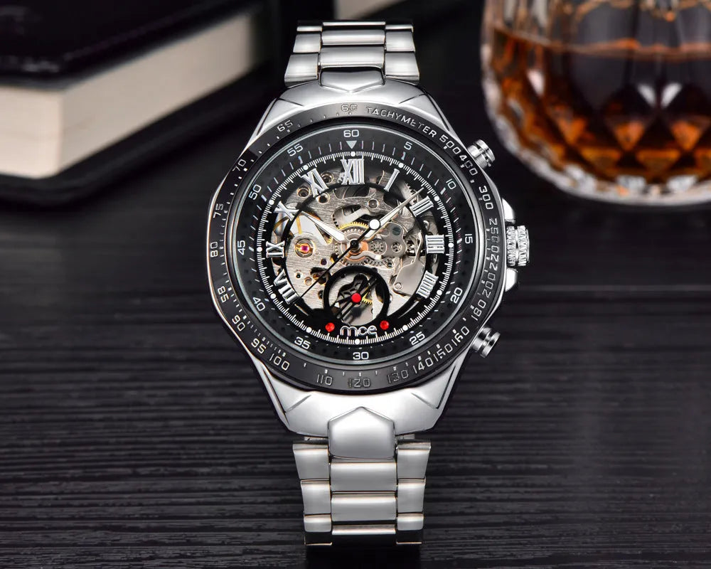 Men's stainless steel automatic mechanical watch with explosion-proof certification on a black strap.