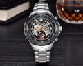 Men's stainless steel automatic mechanical watch with explosion-proof certification on a black strap.