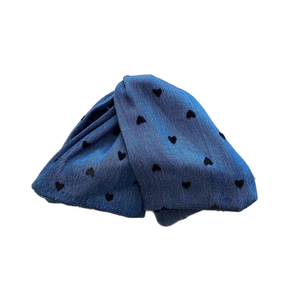 Handmade denim bow triangle hair accessory with fabric and acrylic decoration on plastic hairpin