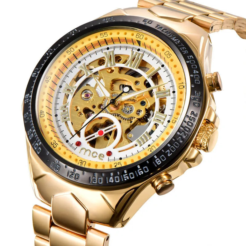 Men's stainless steel automatic mechanical watch with explosion-proof certification on a black strap.