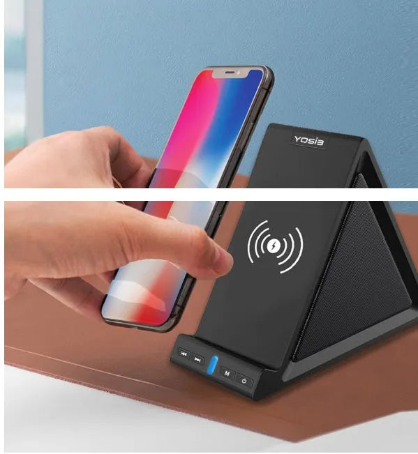 Black multifunction Bluetooth speaker with integrated mobile phone charging stand and holder.