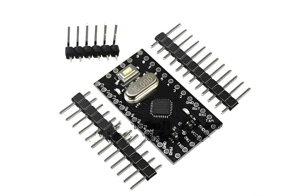 Mini Pro ATMEGA328P microcontroller circuit board with pin headers and compact 33.3mm design