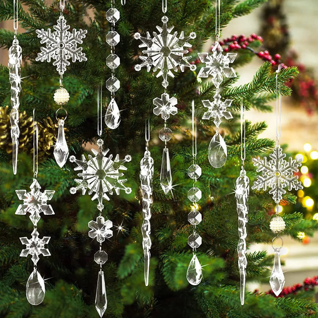 Set of ten clear acrylic icicle and snowflake Christmas ornaments with white hanging ribbons.