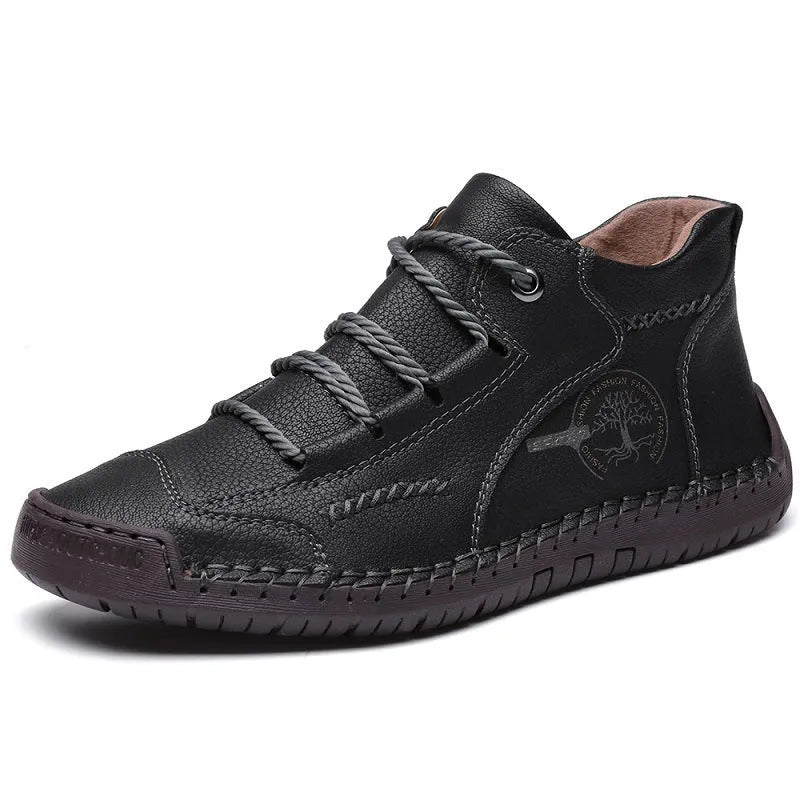 Men's brown cowhide leather high-top boots with rubber sole and front laces on a white background.