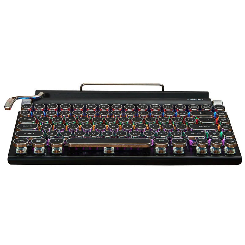 Black retro-style mechanical keyboard with colourful backlit keys on a desk.
