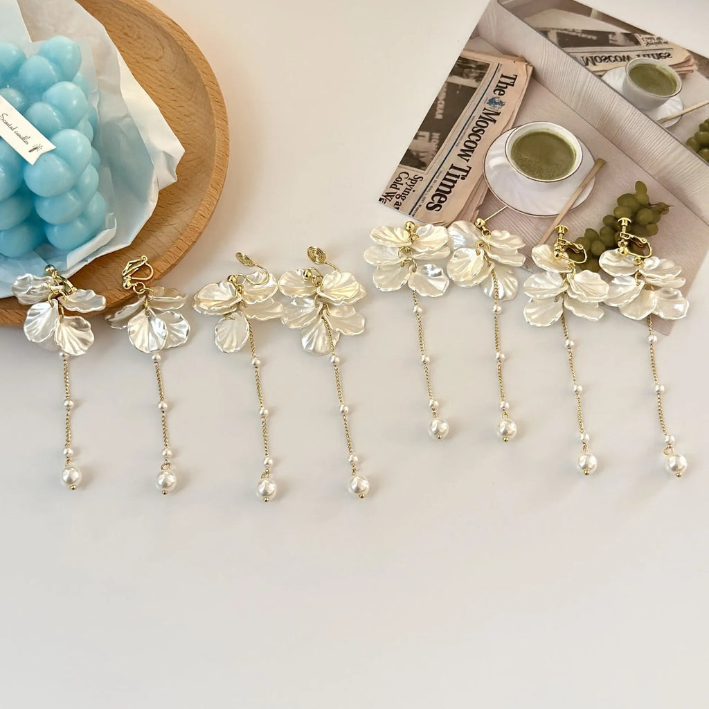 Women's pearl tassel earrings with multiple clip styles measuring 8.8cm in length
