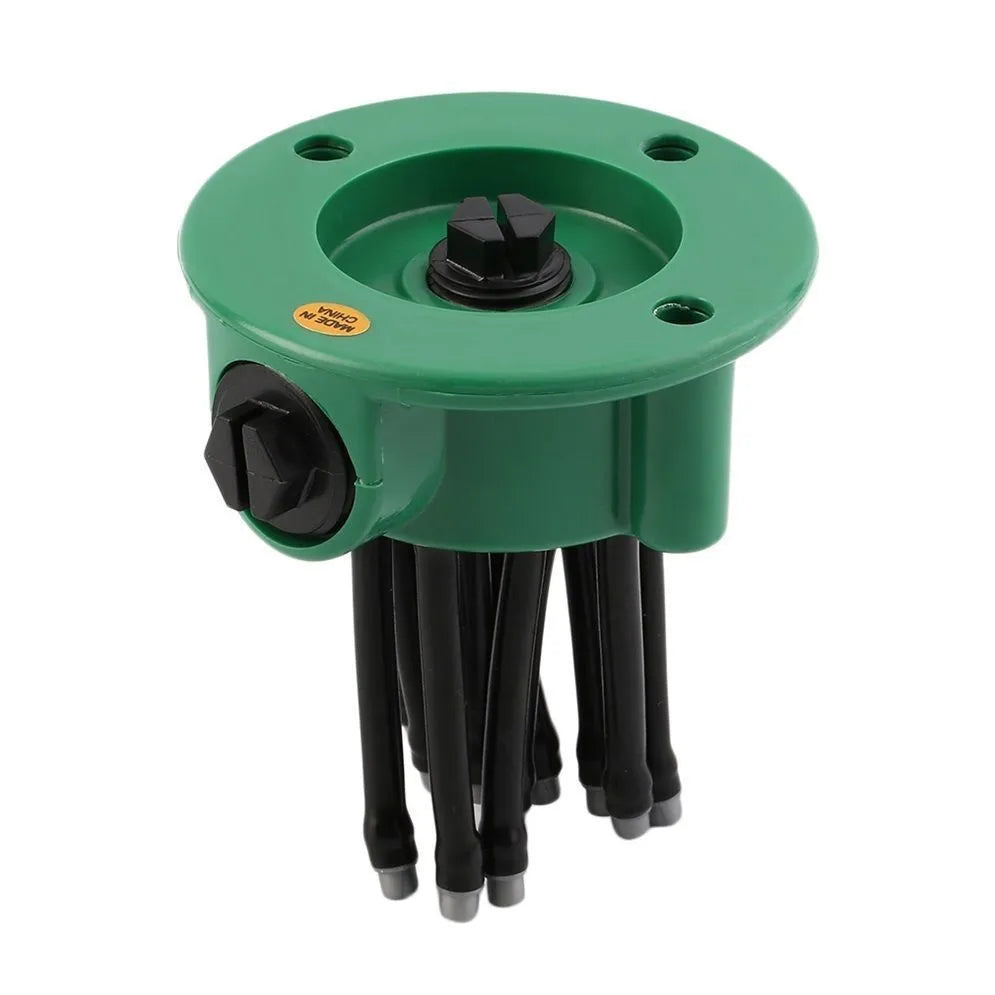 Green adjustable lawn sprinkler with flexible nozzles on a 9cm base