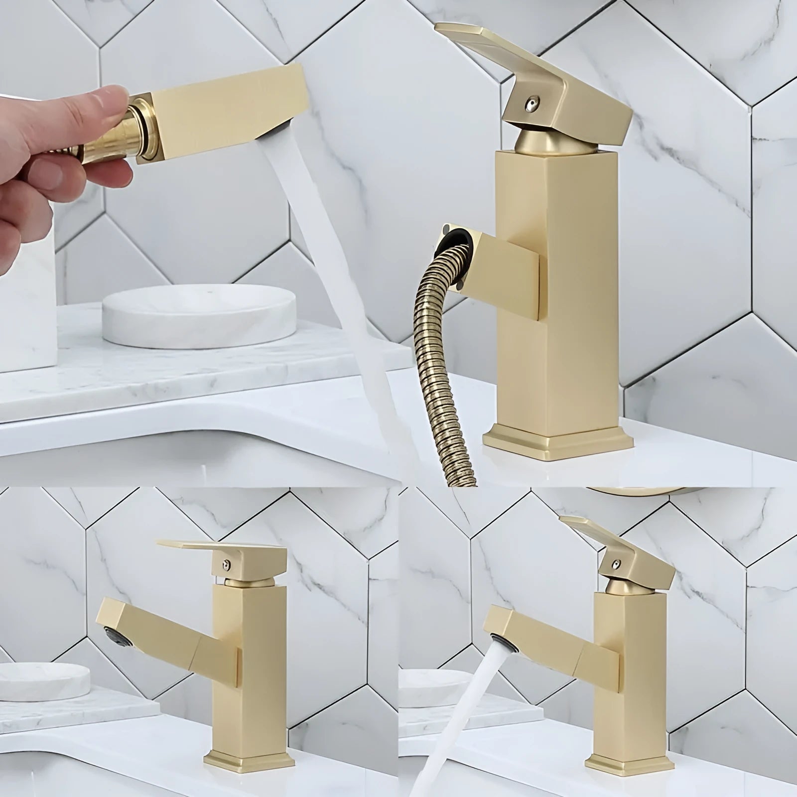 Square pull faucet with brass construction and brushed gold finish for hot and cold water control