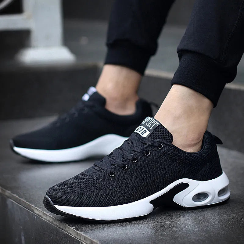 Korean fashion campus style couple running shoes in black, round toe wedge heel, artificial PU upper, slip-on design