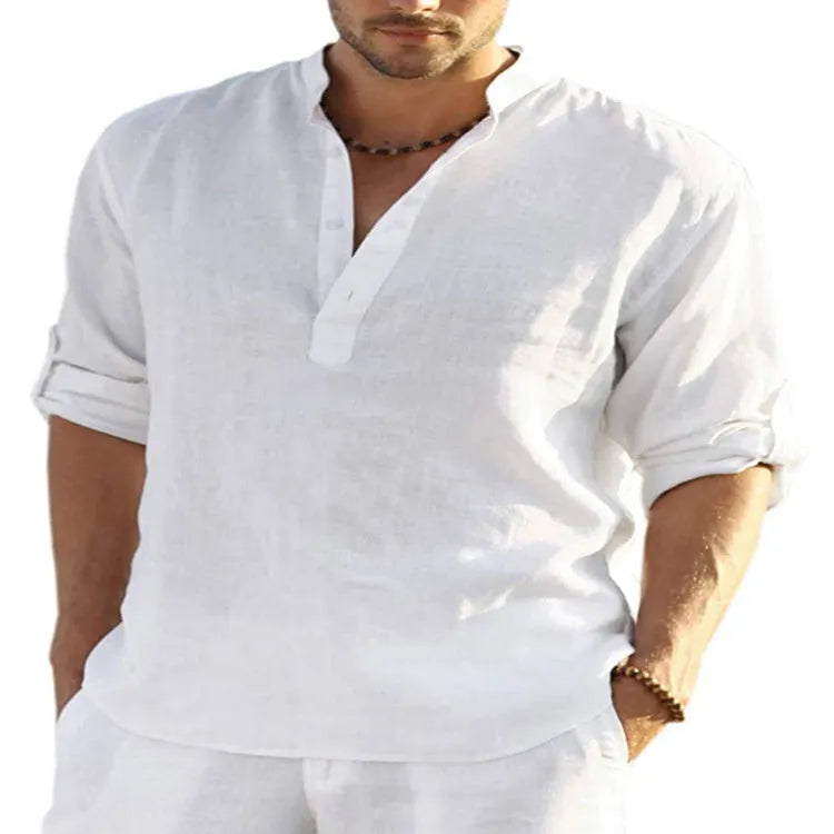 Men's solid colour cotton linen casual shirt with stand collar and long sleeves on a hanger.