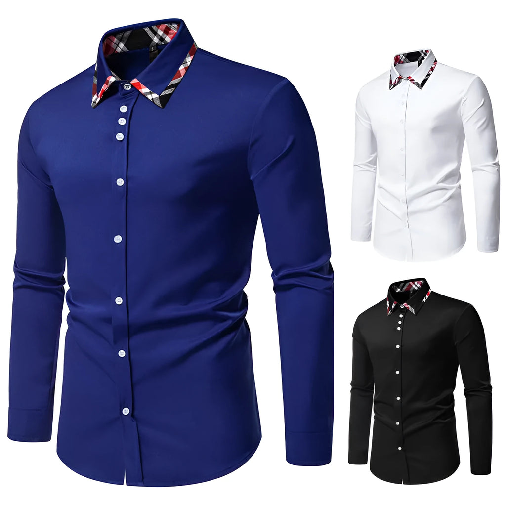 Man wearing a blue plaid contrast triangle collar long sleeve casual shirt.