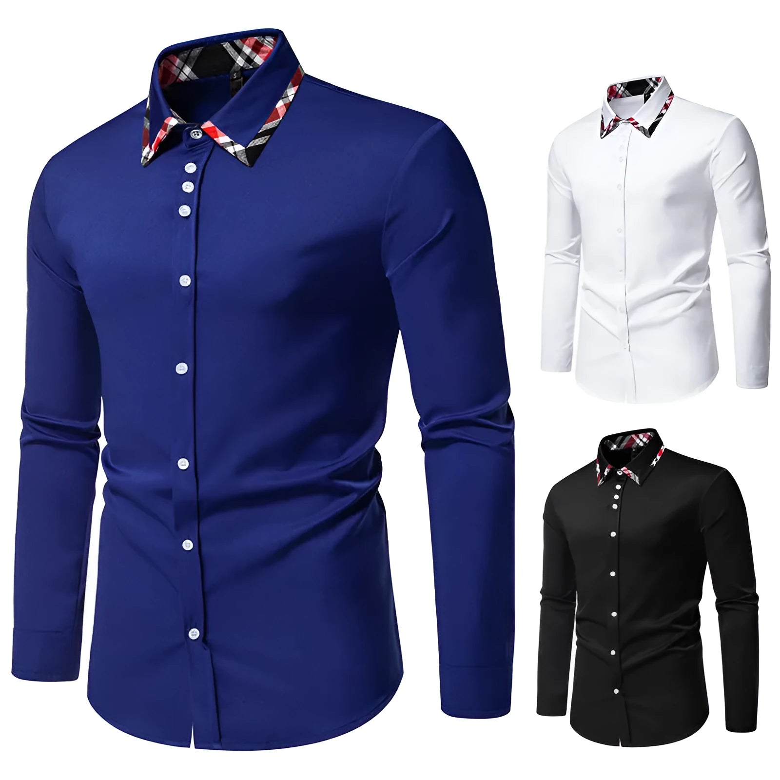 Man wearing a blue plaid contrast triangle collar long sleeve casual shirt.