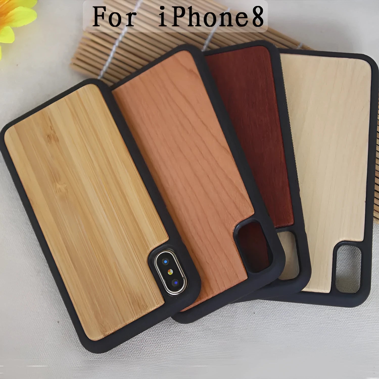 Wooden phone case with carbonised bamboo back and black TPU bumper for iPhone