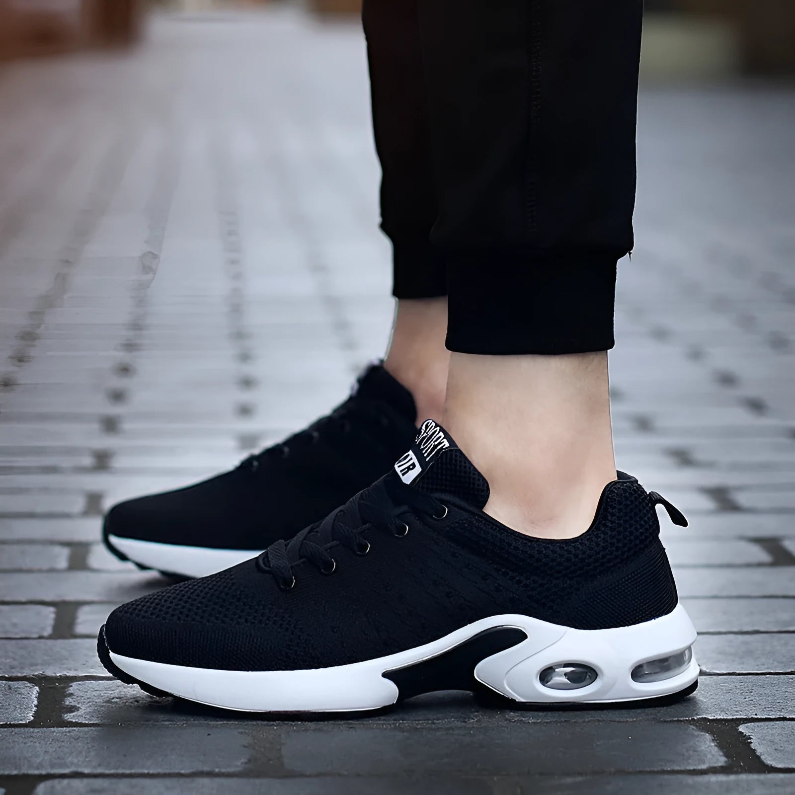 Korean fashion campus style couple running shoes in black, round toe wedge heel, artificial PU upper, slip-on design