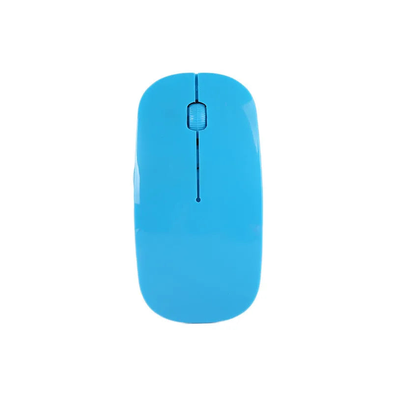 Ultra-thin wireless USB mouse shown in multiple colour options: black, blue, green, pink, red, white.