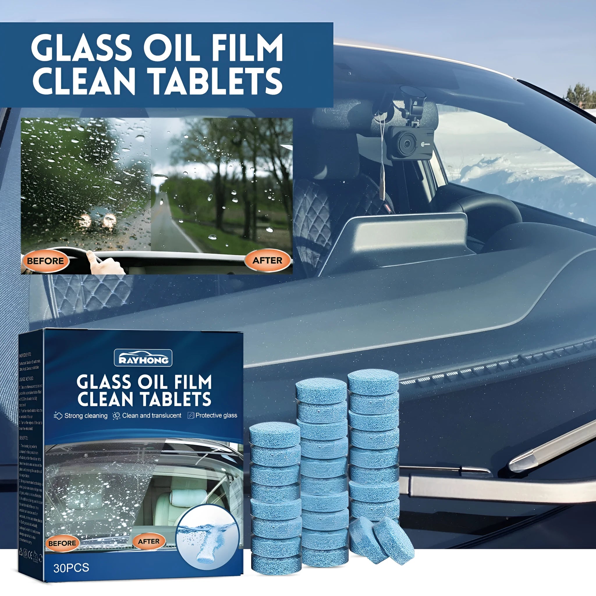 Box of 30 car oil-removing film cleaning effervescent tablets for automotive glass