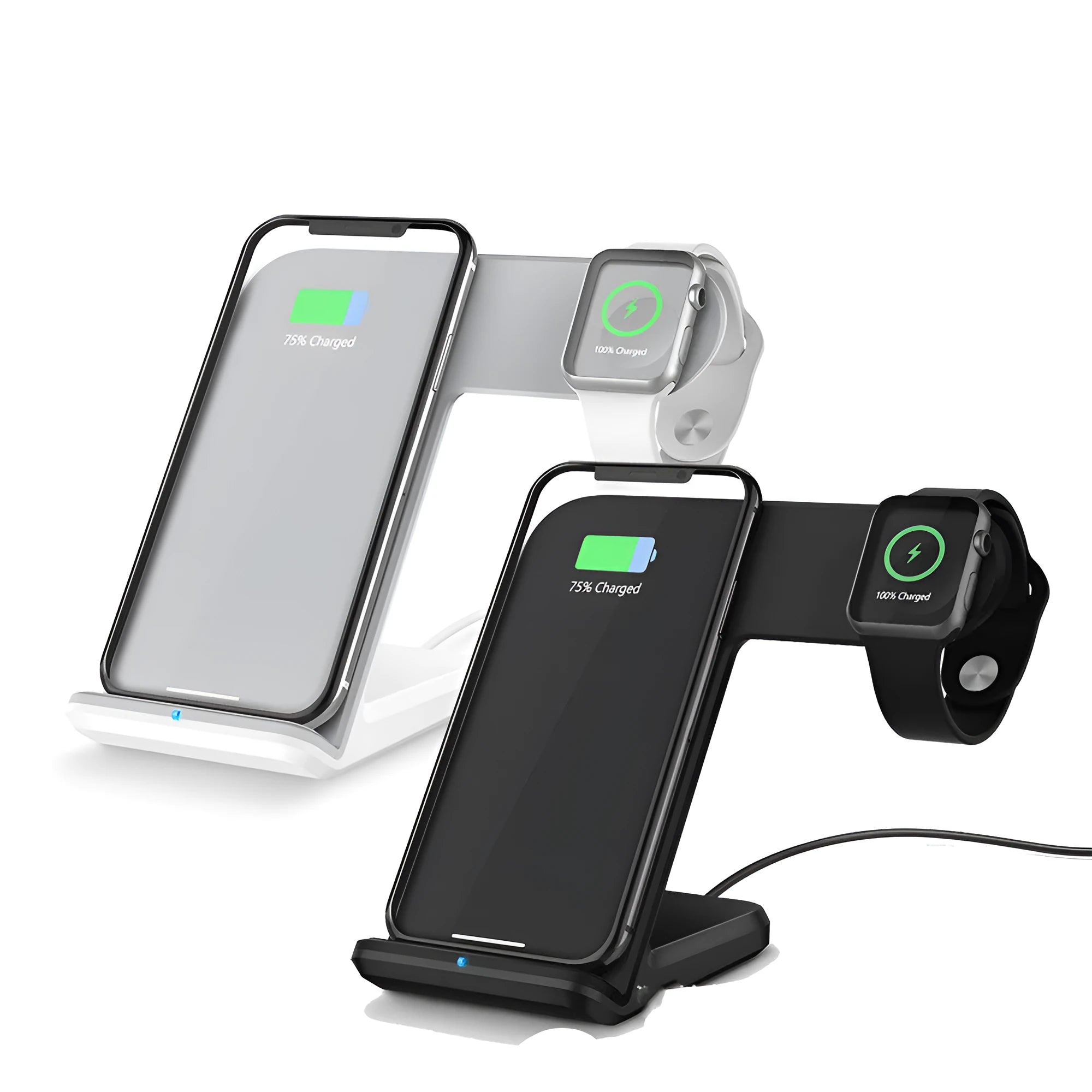 Black and white wireless phone charger with Type-C cable on a desk.