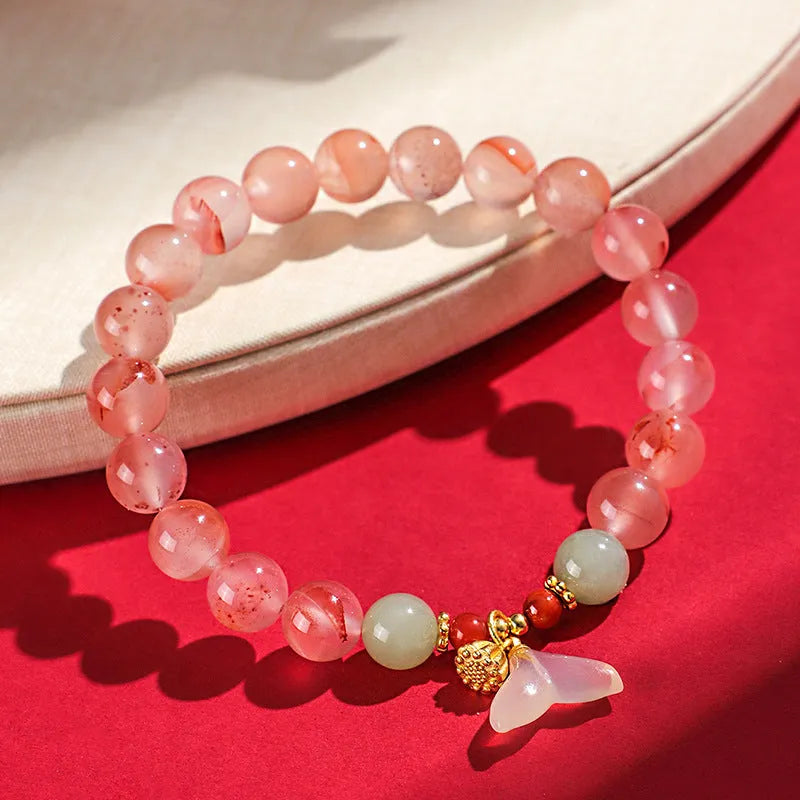 Women's ice floating south red white agate fishtail bracelet with butterfly orchid jade elements
