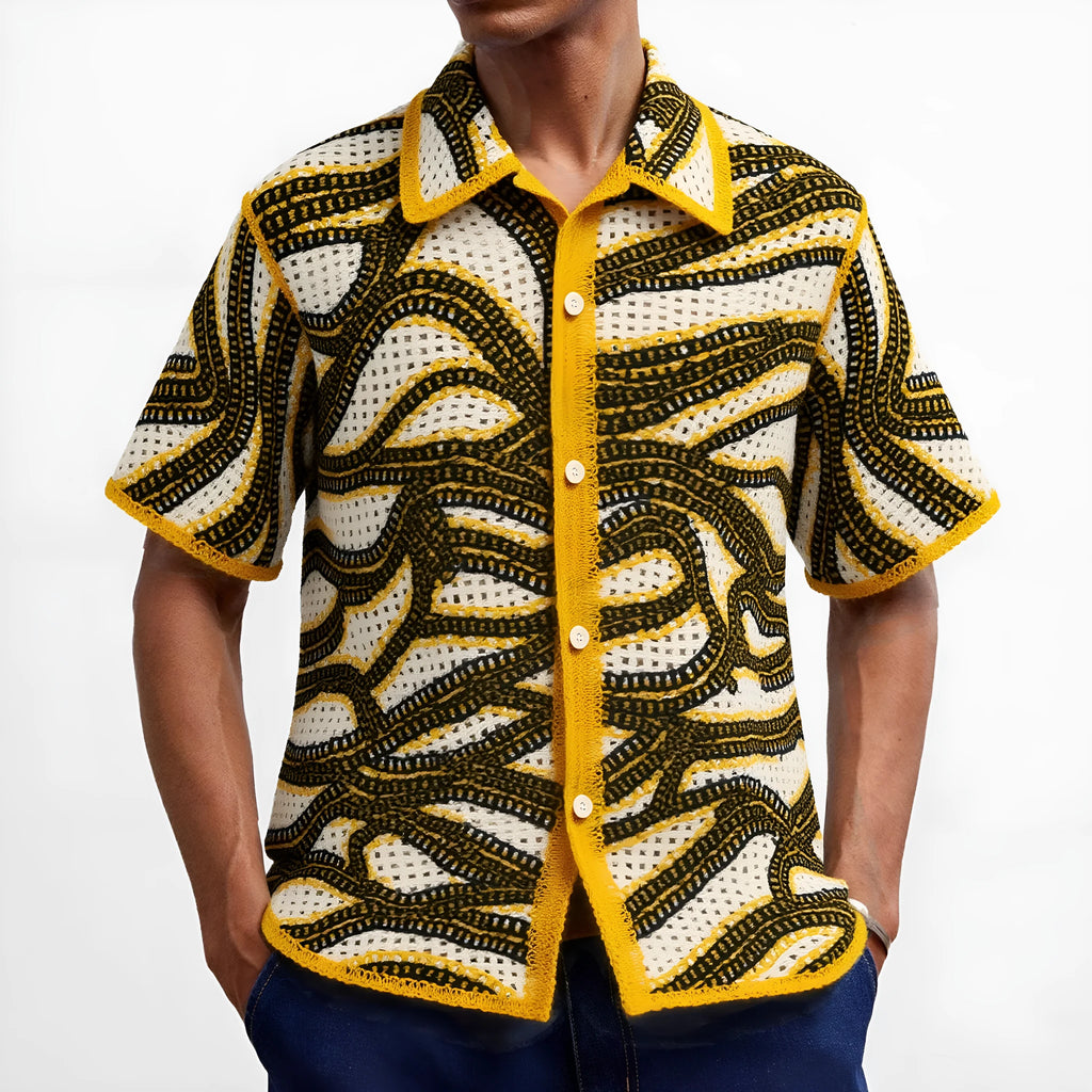 Khaki coloured hand-crocheted short sleeve cardigan with stripes and flocking texture