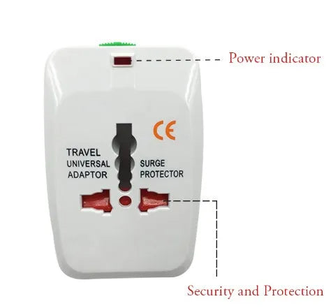 Universal travel plug adapter for multi-country device charging with compact 73x50x39mm dimensions