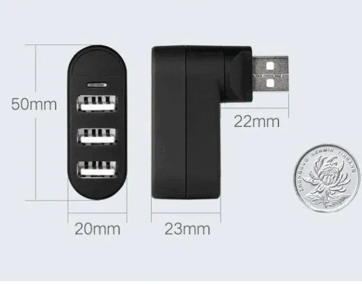 Black and white USB 2.0 hub with 4 ports and spinning colour design element