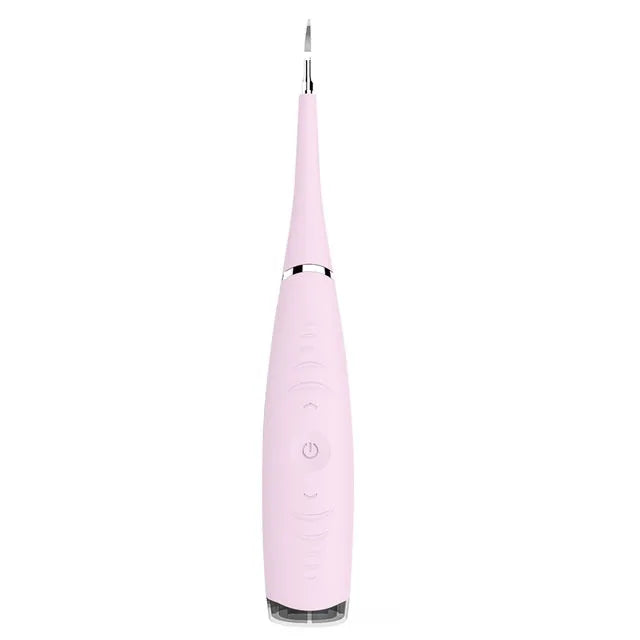 Pink and blue waterproof electric tooth scaler with integrated handle on a bathroom counter.