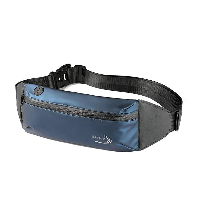 Men's blue Derm Oxford polyester waterproof sports waist bag showing size and belt clip.