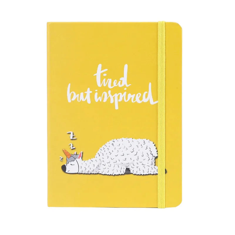 Alpaca cartoon design notepad open showing yellow paper, available in A5, A6, and A7 sizes.