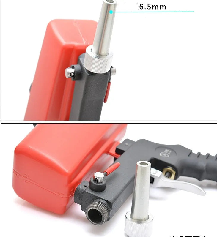 Portable blue pneumatic sandblasting gun with gravity feed tank and nozzle.