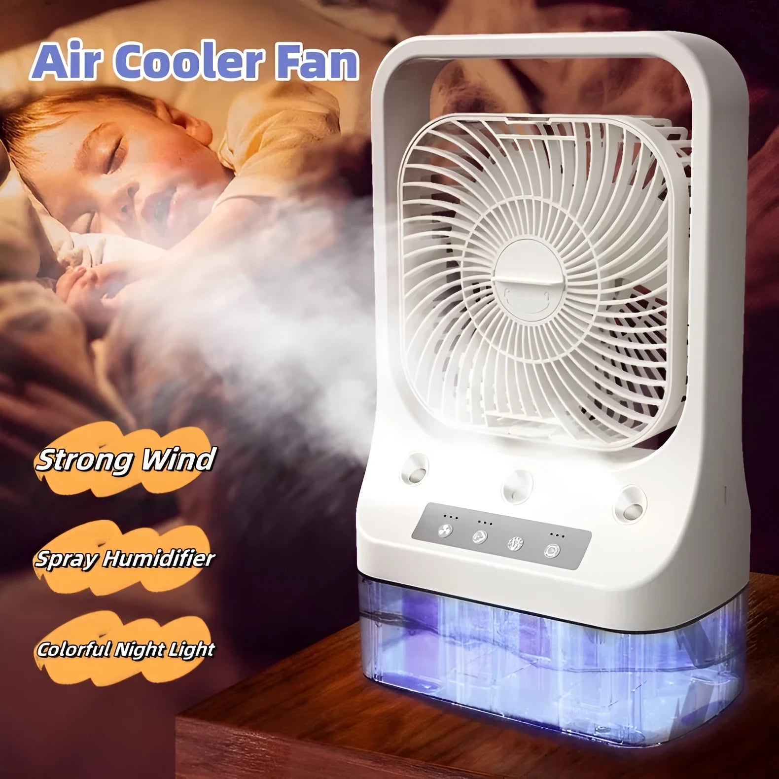 White USB rechargeable portable air cooler fan with adjustable head and water tank.