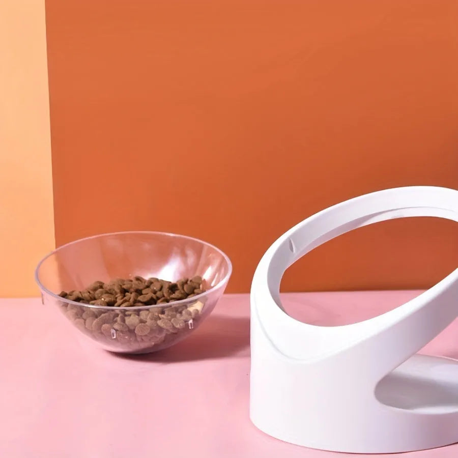White elevated clear plastic cat food bowl with tilted design for anti-vomit feeding