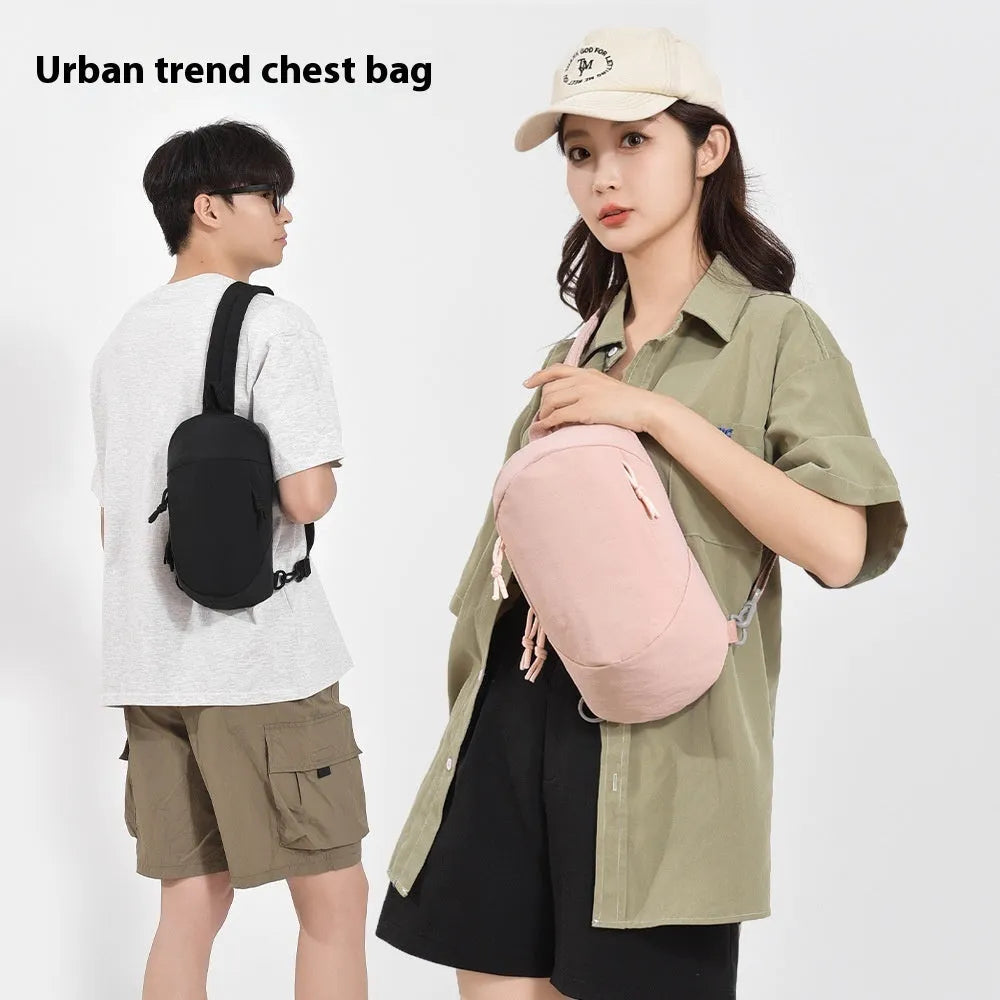 Outdoor nylon crossbody chest bag for girls in six colours, showing internal mobile phone pocket.