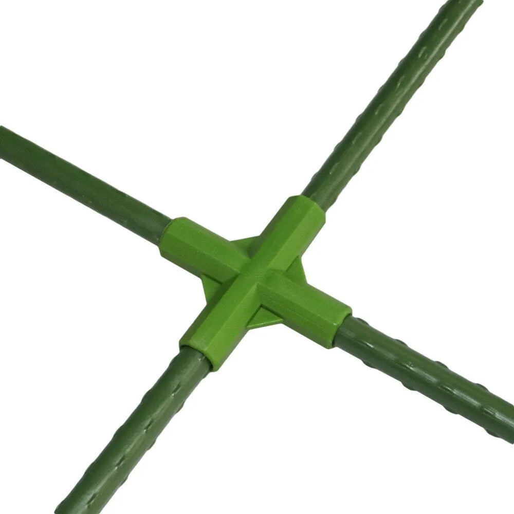 Two white PP plastic garden stake connector clips showing 3-way and 4-way joints for 11mm poles.