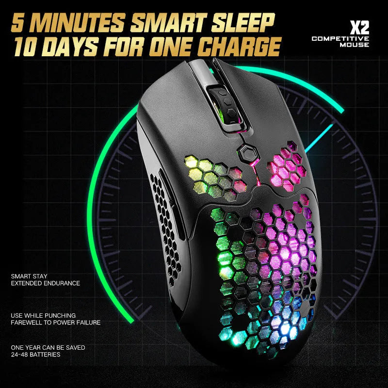 Free Wolf X2 wireless gaming mouse with RGB lighting in multiple colour options on a desk.