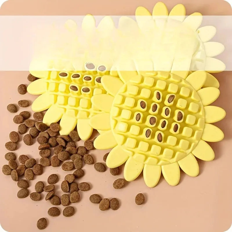 Yellow rubber sunflower dog toy for puppy teething with textured petal surface