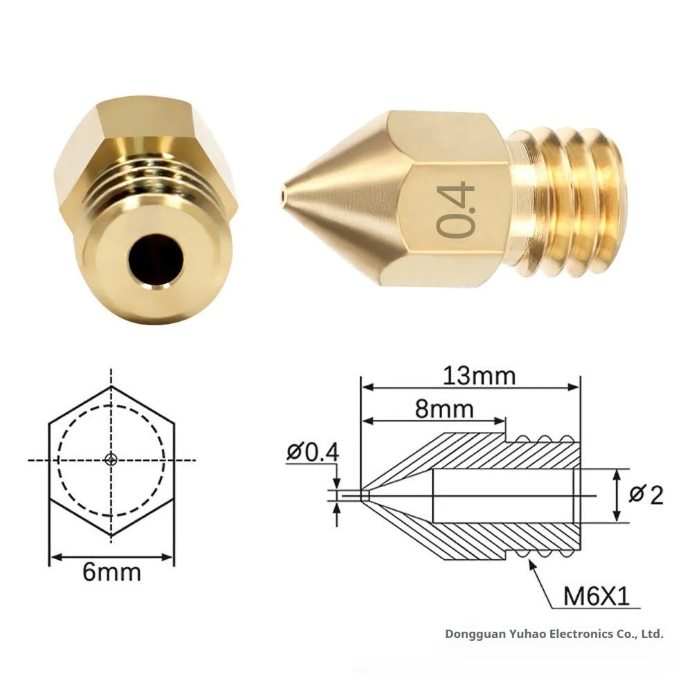 Brass MK8 3D printer nozzle and stainless steel cleaning pin on a white background.