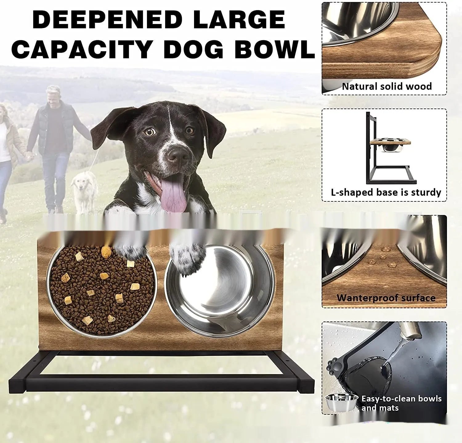 Large black iron elevated dog bowl rack with food and water bowls