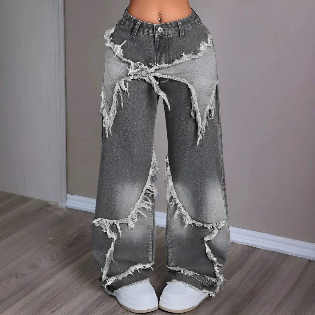 Retro star patchwork heavy wash high-waist wide-leg women's jeans in gray