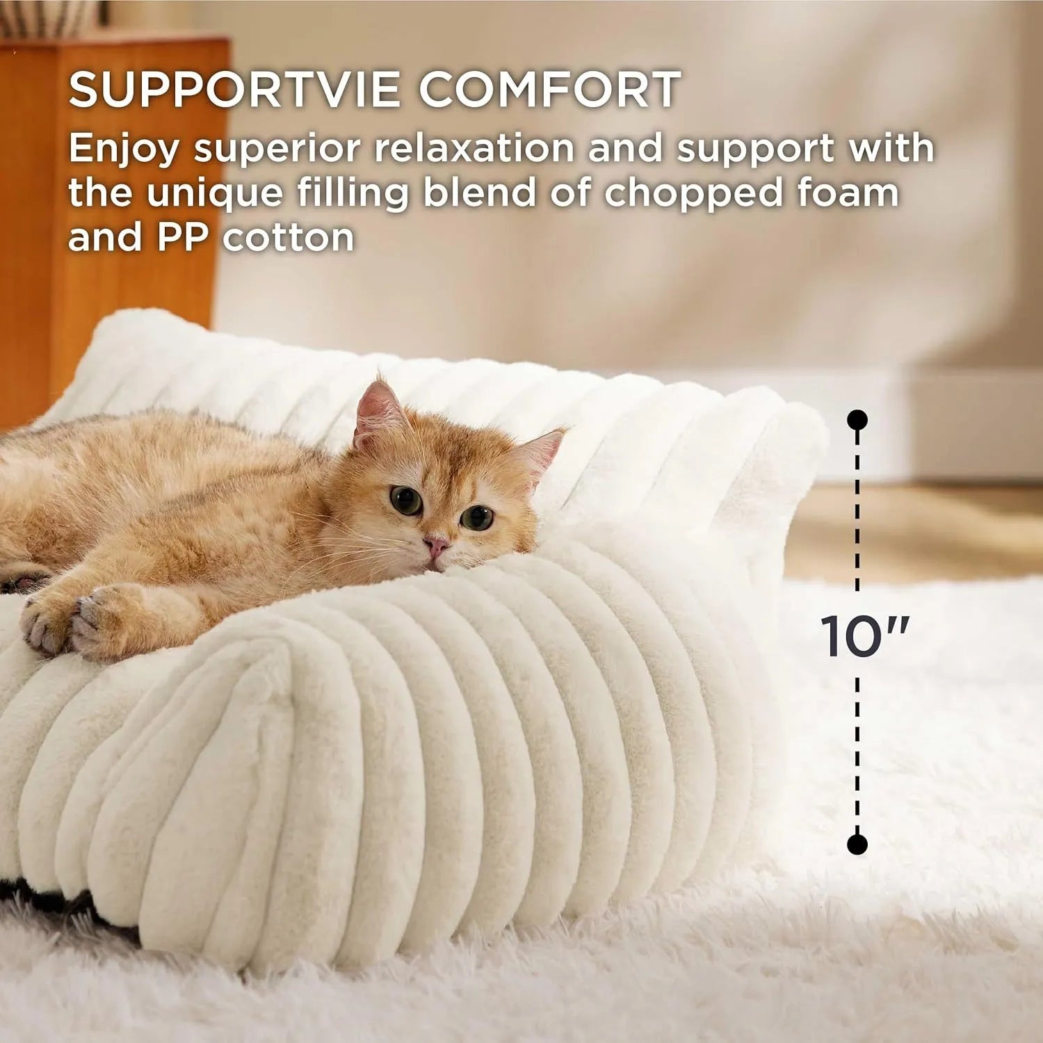 Beige corduroy fleece pet couch with high backrest and sides on a wooden floor.